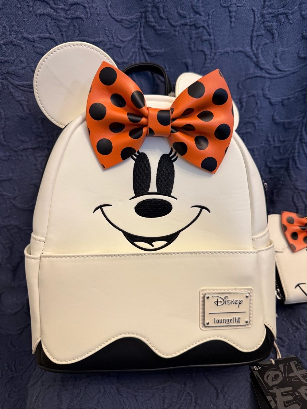 LOUNGEFLY Disney Kids White Minnie Mouse Backpack with Orange Polka Dot Bow - Picture 2 of 10